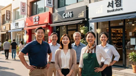 A diverse group of smiling small business owners in Seoul, Korea, looking confident and relieved, standing in front of their shops, with a subtle overlay representing financial stability and support. Bright, hopeful atmosphere.