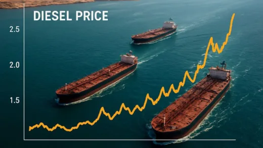 A dramatic aerial view of oil tankers navigating through the Strait of Hormuz with price charts overlay showing diesel price spikes