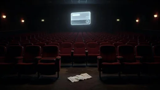 A dramatic cinematic scene showing an empty movie theater with dim lights, a single ticket on the floor, and a glowing subscription card symbol floating above the seats, representing the crisis and hope in cinema industry