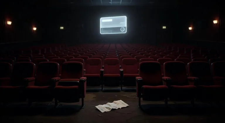 A dramatic cinematic scene showing an empty movie theater with dim lights, a single ticket on the floor, and a glowing subscription card symbol floating above the seats, representing the crisis and hope in cinema industry