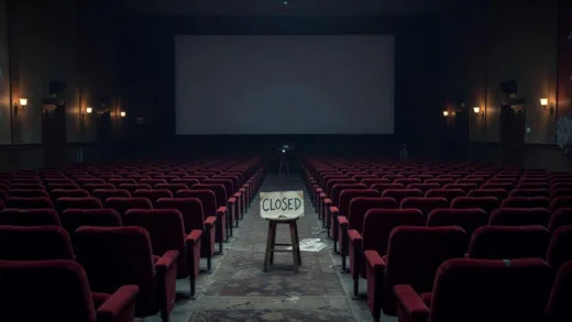 A dramatic cinematic scene showing an empty movie theater with dim lights and a single "CLOSED" sign, symbolizing the crisis in the cinema industry