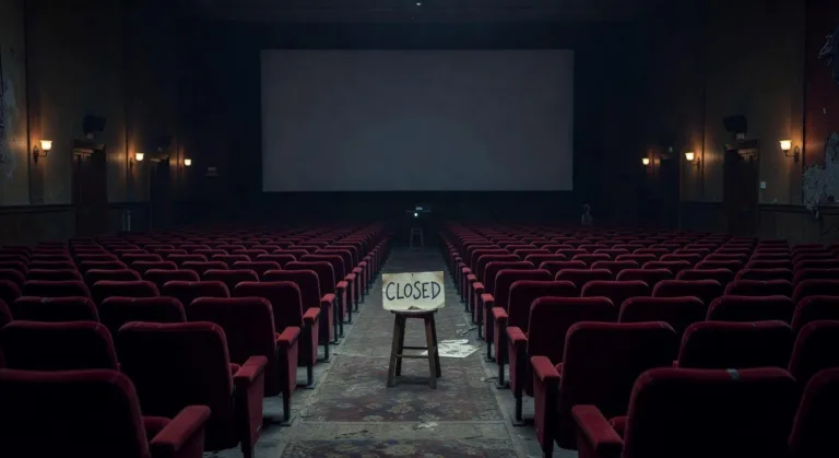A dramatic cinematic scene showing an empty movie theater with dim lights and a single "CLOSED" sign, symbolizing the crisis in the cinema industry