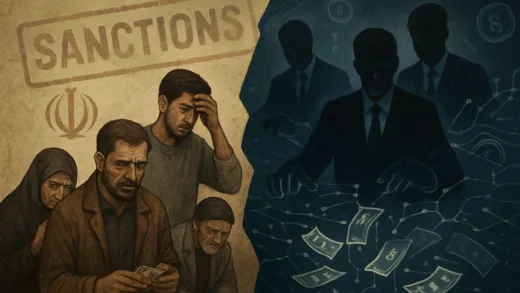 A dramatic conceptual illustration showing two contrasting scenes: on the left, ordinary Iranian citizens struggling with economic hardship, and on the right, shadowy figures in suits controlling invisible money flows through complex networks, with sanctions pressure symbols in the background.