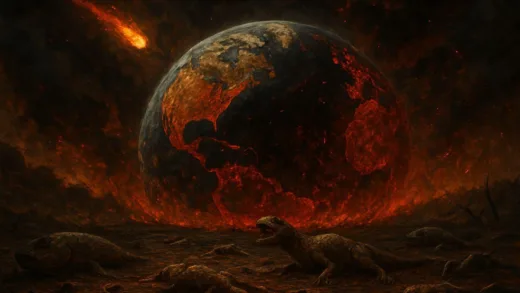A dramatic depiction of Earth during a mass extinction event, showing chaos and dying life forms, with a dark, ominous sky.