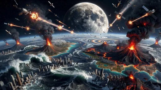 A dramatic digital illustration showing the Moon approaching Earth at an alarming rate, with tidal waves engulfing coastal cities, satellites falling from orbit, and volcanic eruptions across the planet's surface. The Earth's atmosphere shows visible distortion from the Moon's gravitational pull.