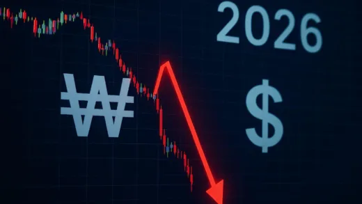 A dramatic financial chart showing a steep red downward spike on a stock market screen, with Korean Won and US Dollar currency symbols overlayed, depicting market panic in 2026