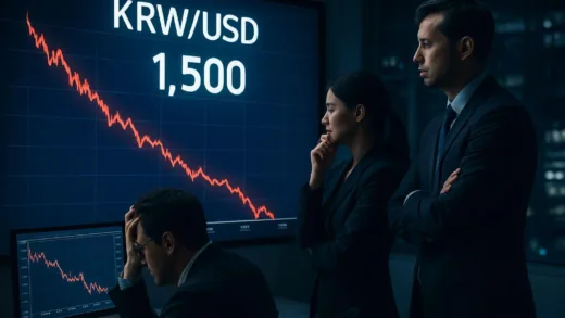 A dramatic financial chart showing the Korean Won exchange rate breaking through 1500 against US Dollar, with worried business people analyzing data on multiple screens in a modern office setting at night.