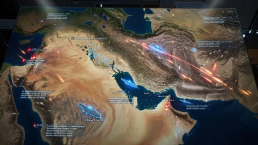 A dramatic geopolitical map of the Middle East with animated military forces movements, showing US aircraft carriers in the Persian Gulf, missile trajectories from Iran to Israel, and digital data overlays indicating troop deployments, realistic digital art style with intense lighting
