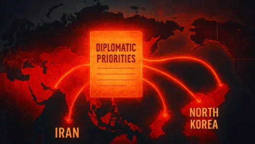 A dramatic geopolitical map showing China, Russia, Iran, and North Korea in red crisis colors, with lines connecting to a central US strategy document titled 'Diplomatic Priorities', surreal glowing connections between the countries showing sequential collapse.