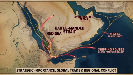 A dramatic geopolitical map showing the Red Sea and Bab el-Mandeb Strait with highlighted shipping routes and missile trajectories, representing the strategic importance of the region in global trade and conflict.