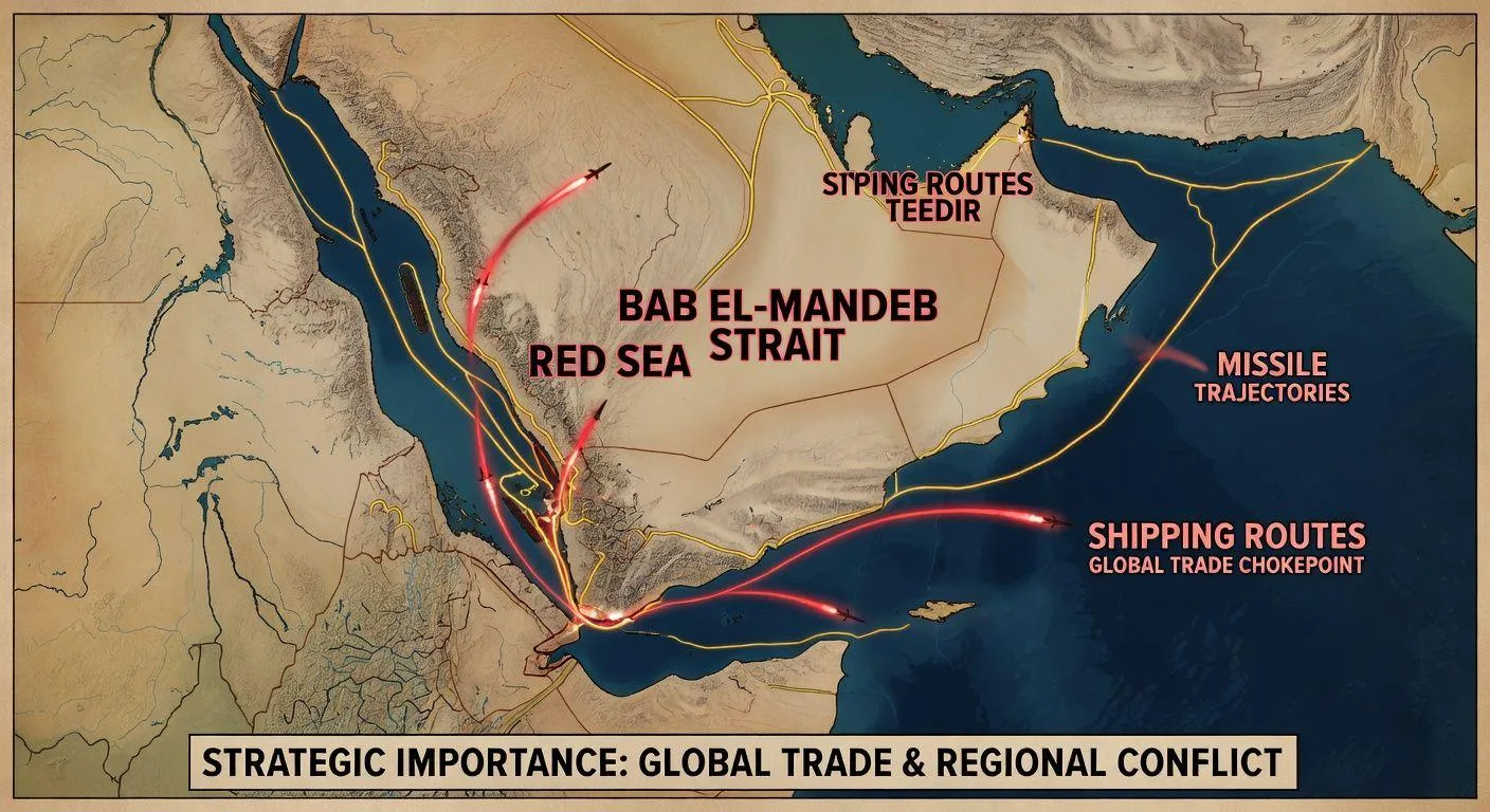A dramatic geopolitical map showing the Red Sea and Bab el-Mandeb Strait with highlighted shipping routes and missile trajectories, representing the strategic importance of the region in global trade and conflict.