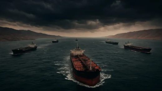 A dramatic, high-angle shot of the narrow Strait of Hormuz, with multiple large oil tankers halted or attempting to navigate. The sky is ominous, reflecting geopolitical tension. In the background, arid coastlines of Iran and Oman are visible. The scene conveys a sense of global economic crisis.