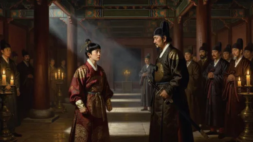 A dramatic historical painting depicting the young King Danjong and his uncle King Sejo in a tense confrontation in the Joseon Dynasty palace, with traditional Korean architecture and court officials in the background, cinematic lighting.