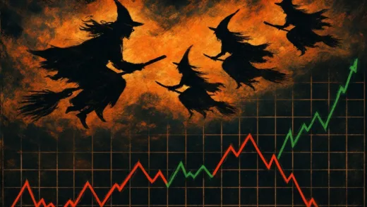 A dramatic illustration of four witches on broomsticks flying over a stock market graph with rising and falling lines, representing the quadruple witching day concept