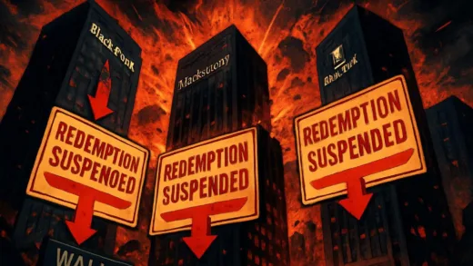 A dramatic illustration of Wall Street skyscrapers with warning signs and explosion effects, showing major financial institution logos like BlackRock, Blackstone, and Blue Owl with red downward arrows and 'Redemption Suspended' warnings in bold text.