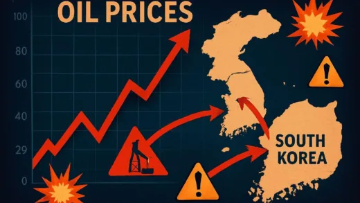 A dramatic illustration showing international oil prices skyrocketing on a digital chart, with a map highlighting South Korea's energy import routes from the Middle East, surrounded by tension symbols like explosions and warning signs.