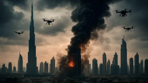 A dramatic image of a modern city skyline, possibly Dubai, with smoke rising from a building and drones flying overhead, depicting conflict in an urban environment.