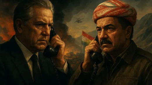 A dramatic image of a phone call connecting a powerful world leader to a determined but historically marginalized Kurdish leader in a mountainous region, against a backdrop of geopolitical tension and conflict.