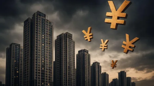 A dramatic image of modern high-rise apartments in Gangnam, Seoul, with Chinese yuan symbols floating away, implying a quick exodus of investment.