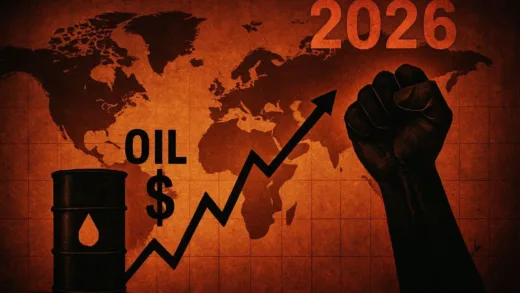 A dramatic image showing a global map with rising oil prices, tension in the Middle East, and a shadowy economic graph in the background, set in 2026.