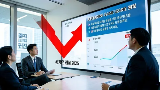 A dramatic infographic showing a steep downward arrow graph representing declining game usage rates in Korea from 2022 to 2025, with concerned business people looking at the data on a large digital screen in a modern office.