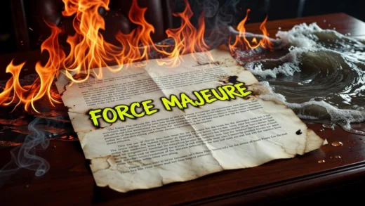 A dramatic legal contract document with a highlighted 'force majeure' clause, showing flames and flood symbols in the background representing natural disasters, focused on the fine print that changes everything.