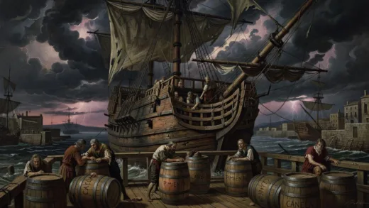 A dramatic painting of the sole surviving ship Victoria entering Spanish harbor in 1522, with weary sailors on deck and barrels of spices visible, stormy skies in the background
