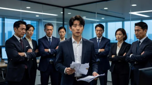 A dramatic scene from a Korean drama showing a wealthy heir working as an intern in a corporate office, looking confused while senior employees stare at him disapprovingly, modern office setting with glass walls and computers, cinematic lighting, emotional atmosphere