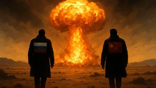 A dramatic scene showing a large explosion in a desert landscape, with silhouettes of figures representing Russia and China turning their backs, walking away from the chaos. Emphasize the sense of betrayal and abandonment.