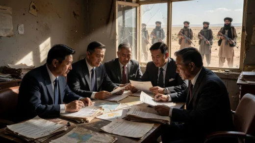 A dramatic scene showing Chinese investors in suits examining mining contracts in a dusty Afghan office, with Taliban fighters visible outside the window, symbolizing the tension between investment and local reality.