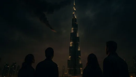 A dramatic, slightly dystopian view of a luxurious residential skyscraper in Dubai, possibly the Burj Khalifa, with a faint trail of smoke or debris in the sky and a small group of people looking up with concern, but not panic. The city lights are still vibrant.