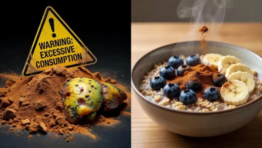 A dramatic split image showcasing the duality of cinnamon: one half depicting a warning sign over a pile of dry cinnamon powder and a diseased liver, the other half showing a small, safe amount of cinnamon sprinkled on a healthy food item, emphasizing careful consumption.