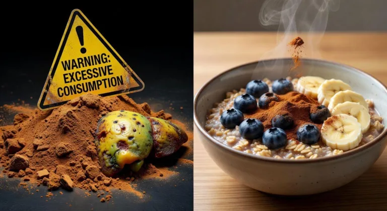 A dramatic split image showcasing the duality of cinnamon: one half depicting a warning sign over a pile of dry cinnamon powder and a diseased liver, the other half showing a small, safe amount of cinnamon sprinkled on a healthy food item, emphasizing careful consumption.