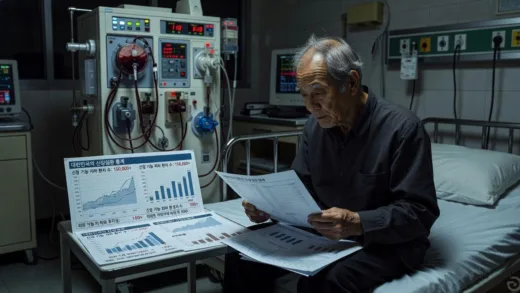 A dramatic visual representation showing statistics of kidney disease in South Korea, with an elderly person looking at medical charts while a dialysis machine looms in the background, dark hospital atmosphere