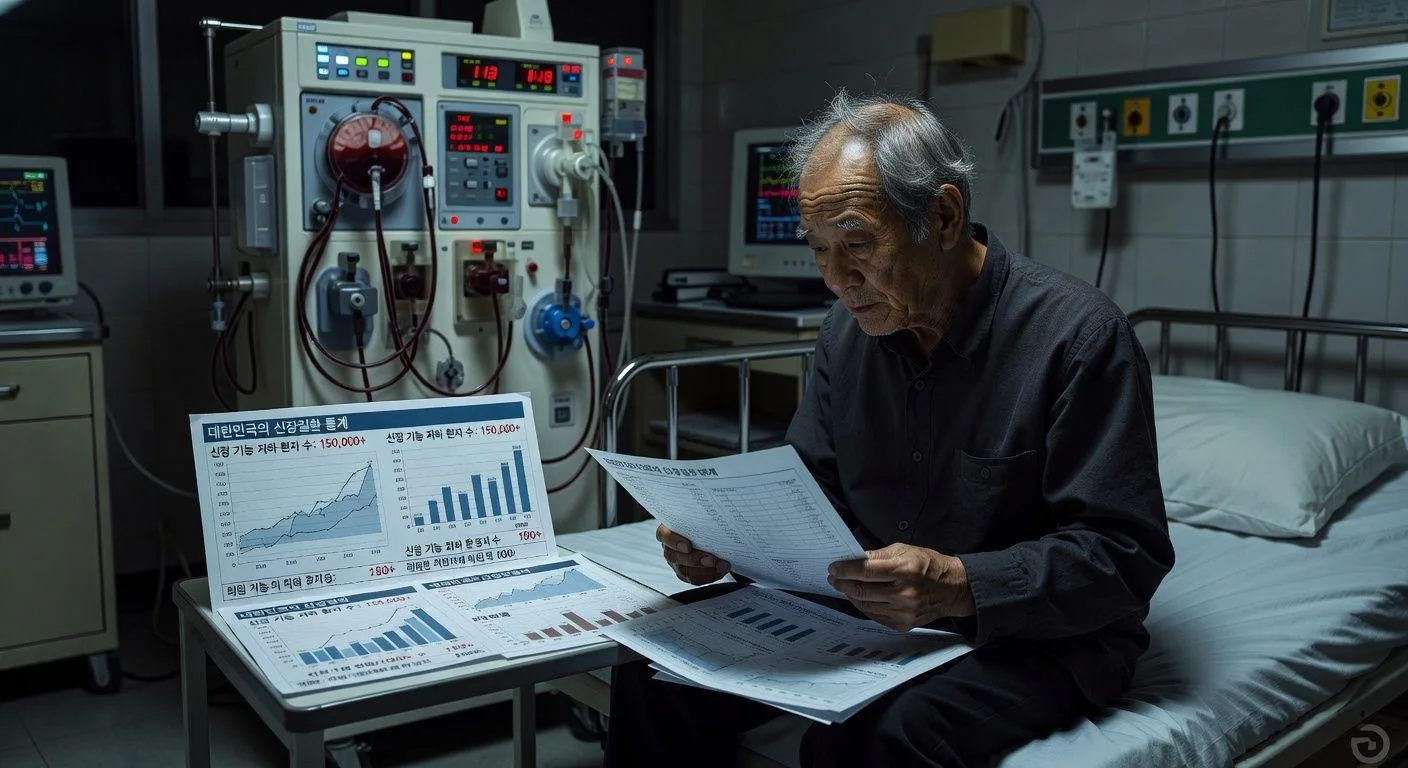 A dramatic visual representation showing statistics of kidney disease in South Korea, with an elderly person looking at medical charts while a dialysis machine looms in the background, dark hospital atmosphere
