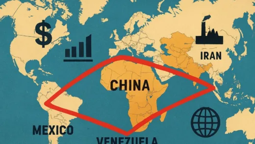 A dynamic illustration of a geopolitical map with red lines connecting the USA to Venezuela, Mexico, and Iran, forming a triangular shape. China is centrally located within this triangle, appearing isolated, with global economic and political symbols around.