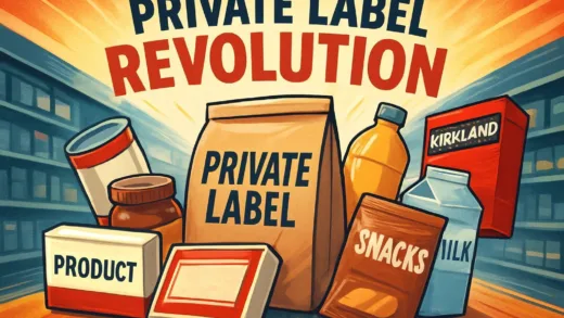 A dynamic illustration showing various private label products emerging from a supermarket aisle, symbolizing a revolution in retail, with a subtle nod to Kirkland Signature.