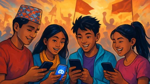 A dynamic scene of young people in Nepal using Discord on their mobile phones, with a faint overlay of a protest or revolution in the background, a digital revolution, vibrant, modern.