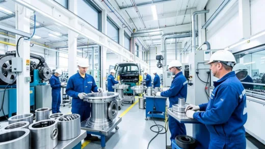A dynamic shot inside a modern automotive parts factory, focusing on aluminum casting processes, with workers in safety gear and advanced machinery. Bright, clean, industrial atmosphere.