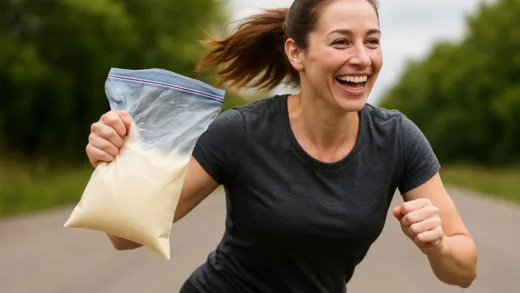 A dynamic shot of a person smiling while running outdoors, holding a clear Ziploc bag filled with liquid cream, implying motion and challenge.