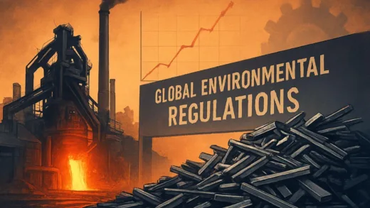 A dynamic visual representation of the global steel industry, with a large steel mill on one side and an overflowing pile of steel on the other, symbolizing oversupply. In the background, a subtle graph showing rising carbon emissions, and an overlay of global environmental regulations like a barrier. The mood is urgent and challenging.
