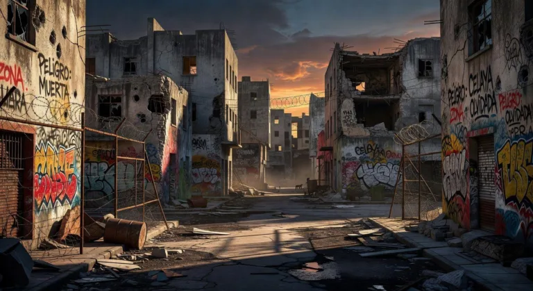 A dystopian urban landscape of Celaya, Mexico at dusk, showing abandoned buildings with graffiti, barbed wire fences, and a sense of danger, cinematic lighting, hyperrealistic photo style