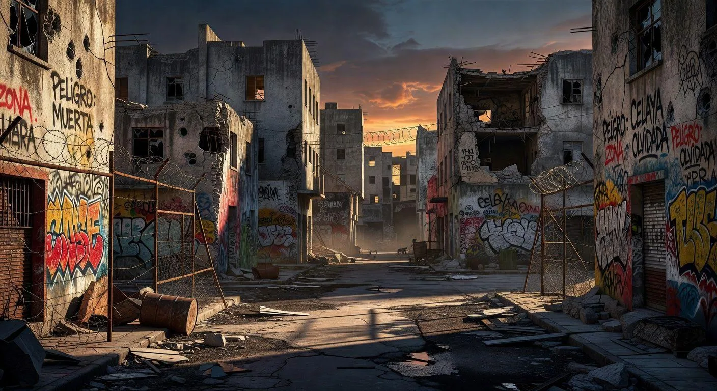 A dystopian urban landscape of Celaya, Mexico at dusk, showing abandoned buildings with graffiti, barbed wire fences, and a sense of danger, cinematic lighting, hyperrealistic photo style