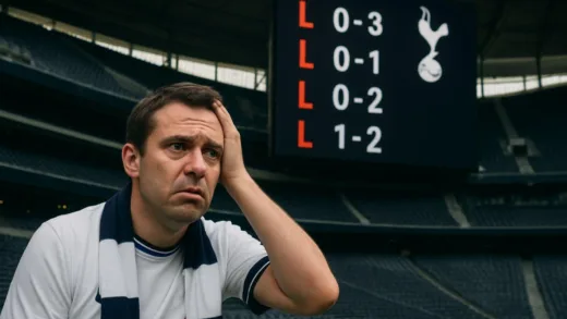 A football stadium with empty seats, a worried Tottenham fan looking at a scoreboard showing losses.