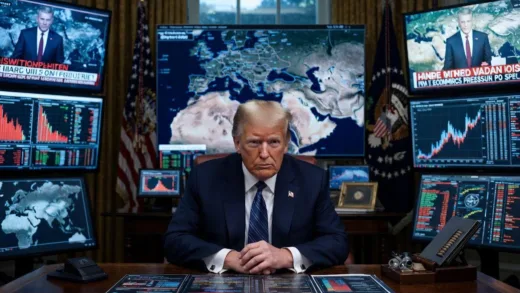 A frustrated President Trump in the Oval Office, looking at a map of the Middle East with a focus on the Strait of Hormuz, surrounded by news headlines about rising casualties and economic pressure. The atmosphere is tense and filled with strategic maps. 2026 context.