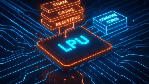 A futuristic 3D visualization of an LPU (Language Processing Unit) chip with glowing circuits and memory hierarchy layers, showing data flow between SRAM and compute cores, technology concept with blue and orange neon lights