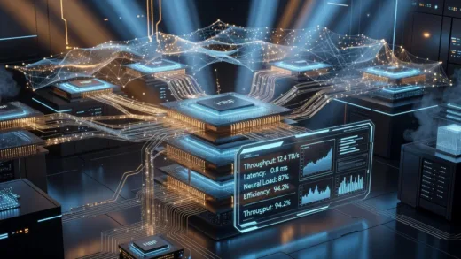 A futuristic 3D visualization showing HBF memory chips stacked vertically with golden data pathways connecting to AI neural networks in the background, holographic interface displaying performance metrics, glowing blue and orange color scheme, high-tech laboratory environment.
