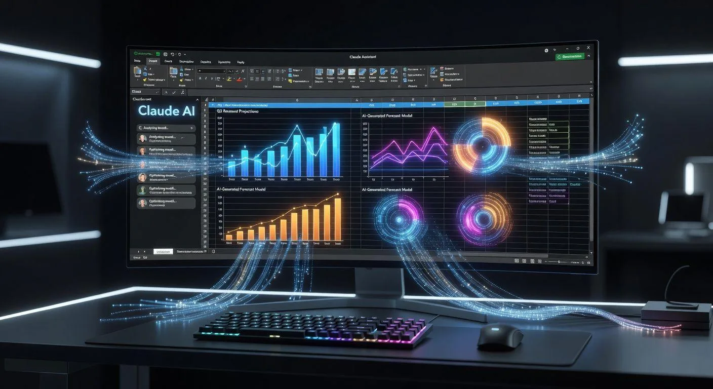 A futuristic AI assistant working on an Excel spreadsheet with glowing data visualizations, showing Claude AI interface seamlessly integrated with Microsoft Excel on a modern desktop setup, with data flowing between the AI and spreadsheet in real-time.