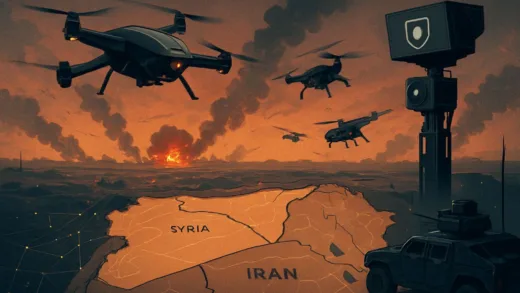 A futuristic battlefield where AI-powered drones and surveillance systems are integrated, showing geopolitical tension over a Middle Eastern map.