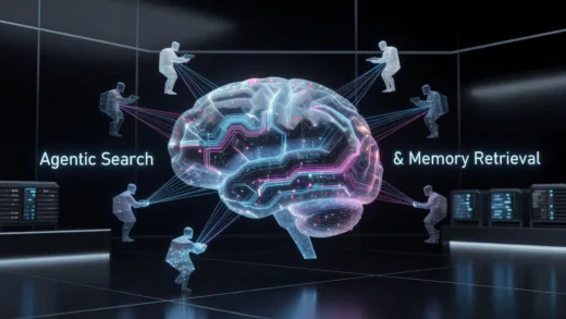 A futuristic brain with glowing pathways, representing enhanced AI long-term memory. The brain is connected to a network of digital agents, illustrating the "Agentic Search & Memory Retrieval" concept. The background is a sleek, minimalist tech environment.